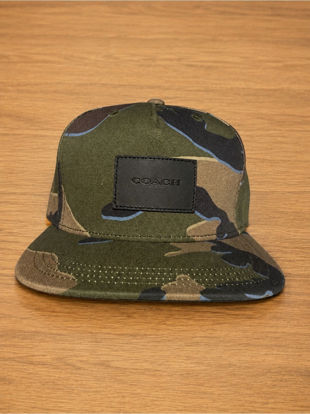 COACH camo flat brim hat adjustable green black leather cap
